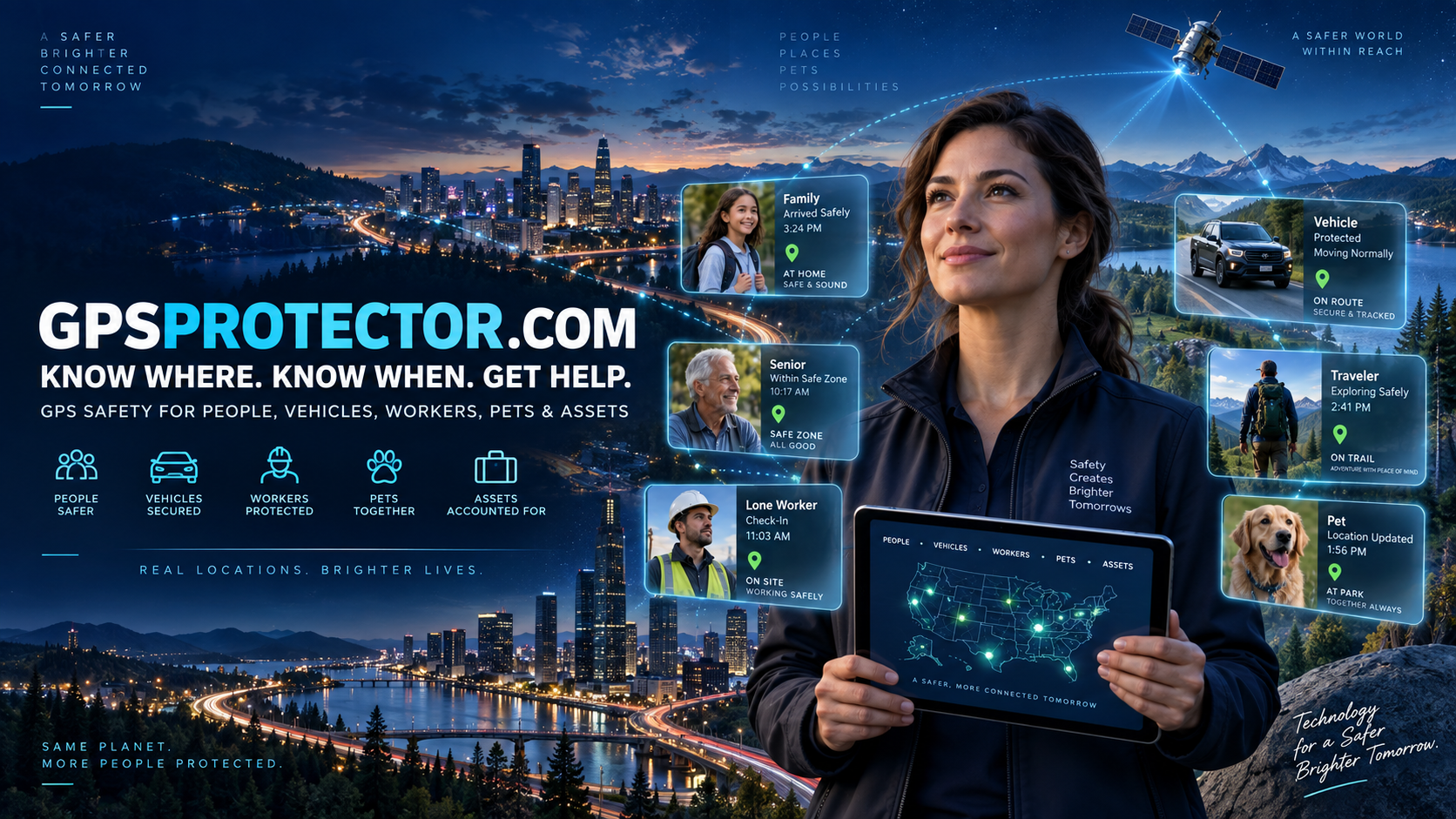 GPSProtector.com concept artwork showing location-awareness scenarios for families, seniors, workers, vehicles, travelers and pets